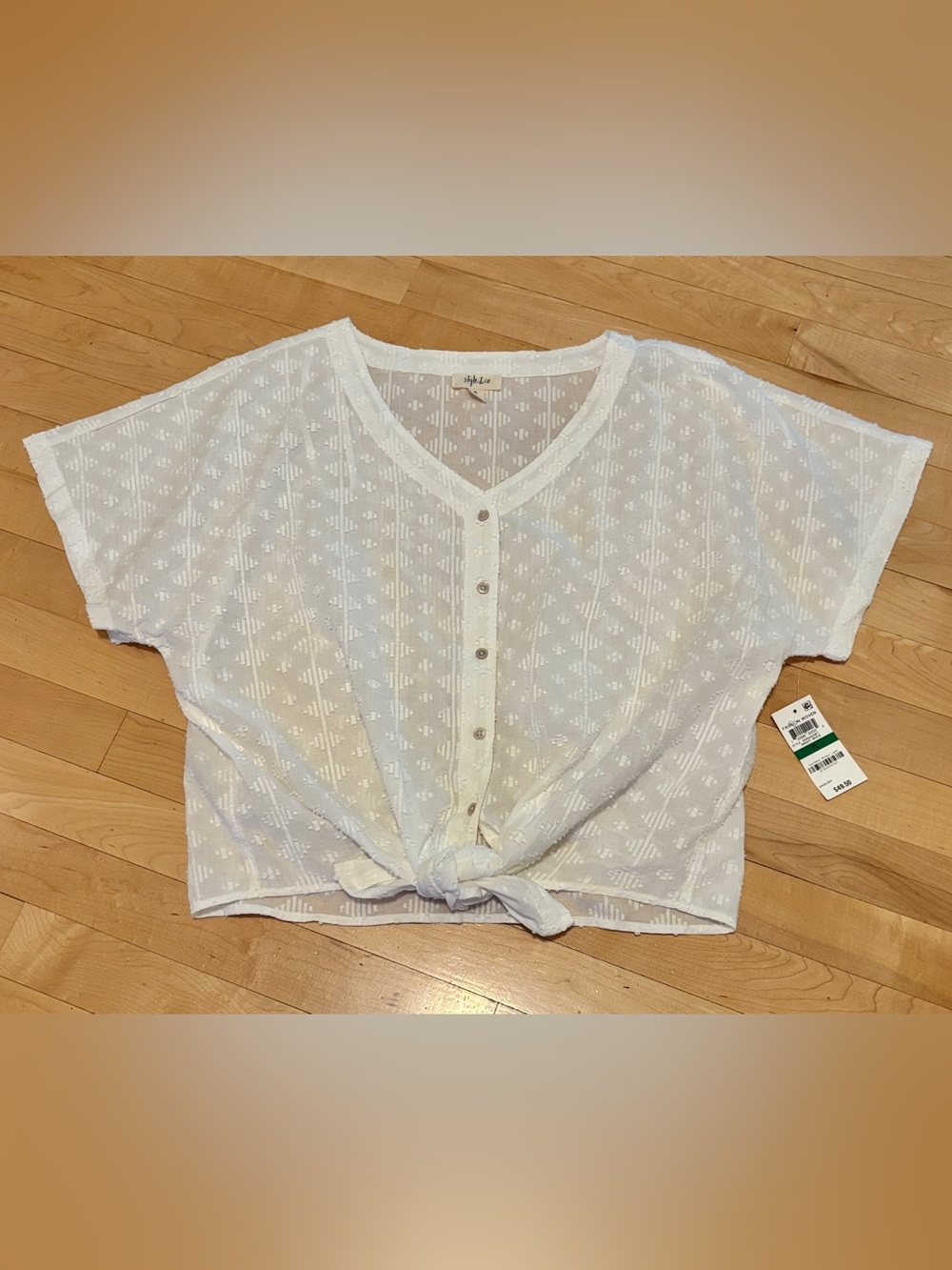 NWT $50 - Style & Co Bright White Short Sleeve Front-Tie Crop Top Size L/Petite